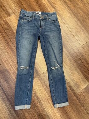 PAIGE Boyfriend Jeans in Medium Blue with Knee Rips